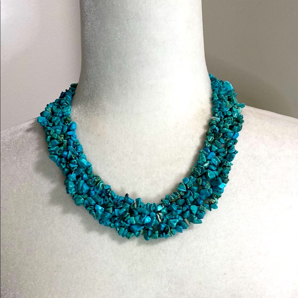 Genuine Turquoise Chip Multi Strand Statement Necklace Chunky Cottagecore